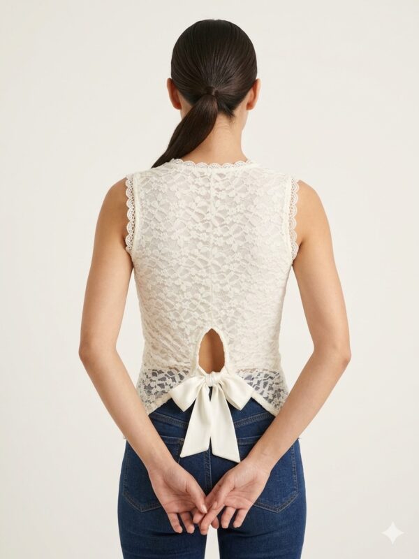 Blusa de Encaje Floral Con Espalda Descubierta y Lazo Satinado